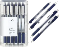 TUL Gel Pens, Retractable, Medium Point, 0.7 mm, Gray Barrel, Blue Ink, Pack of 12